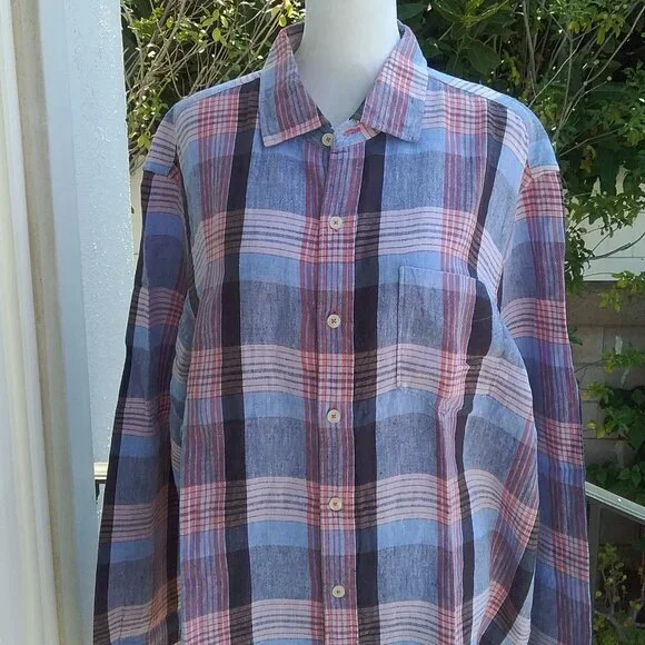Tommy Bahama Men's Shirt Size XL 100% Linen Blue Plaid Long Sleeve Preppy - Picture 3 of 6